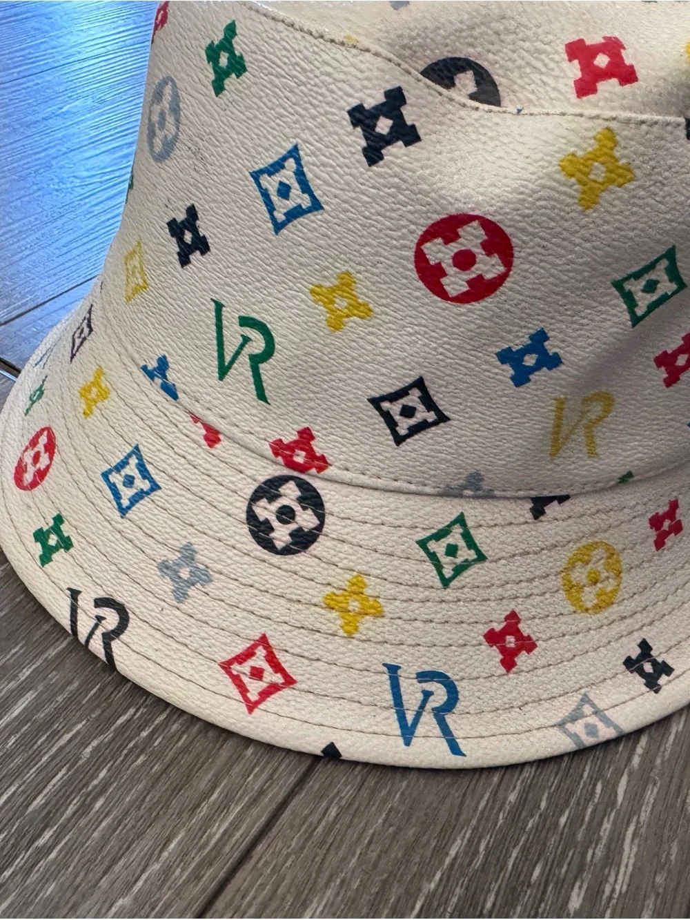 White Bucket Hat with Multicolor Monogram Print
